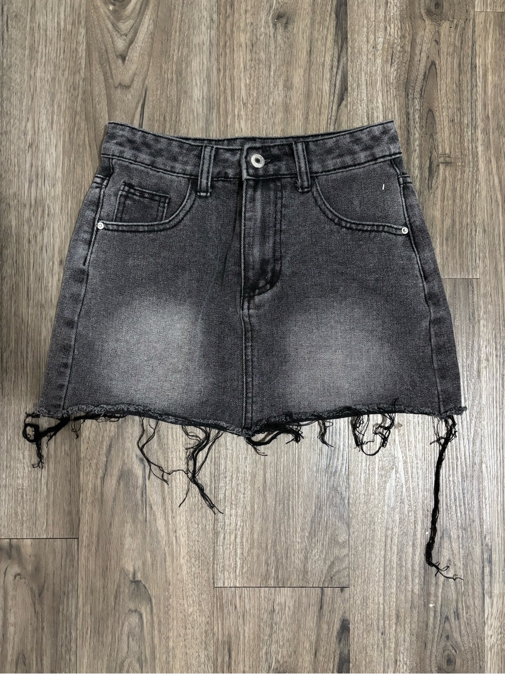 Black Washed Distressed Denim Mini Skirt with Frayed Hem